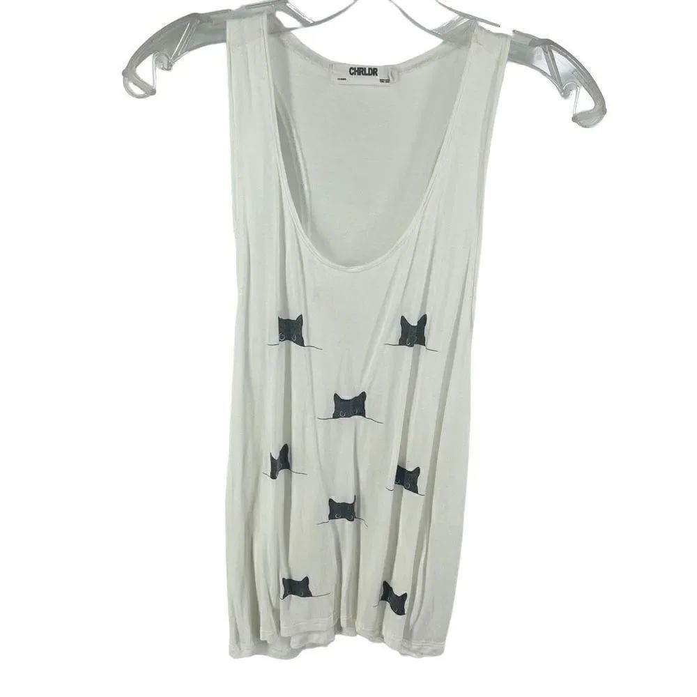 CHRLDR cat face graphic print tank top shirt white black small EUC